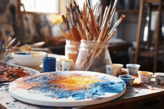 Nuances de bleu sur une palette d'artiste avec pinceaux