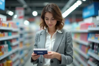 Femme examinant une cartouche NEWS dans un magasin de fournitures de bureau au Luxembourg