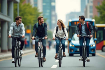 Quatre adultes en action avec différents transports urbains