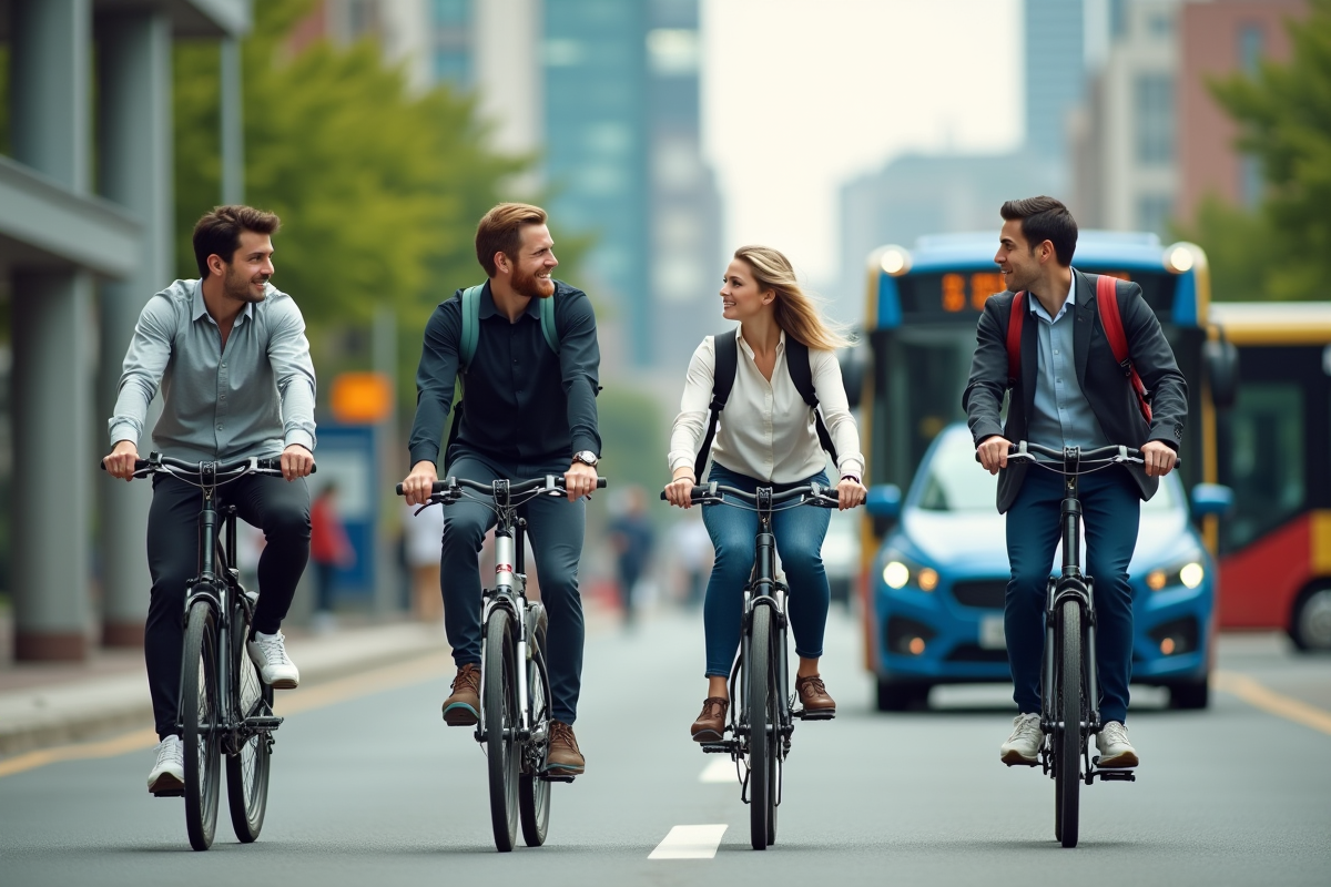 Quatre adultes en action avec différents transports urbains