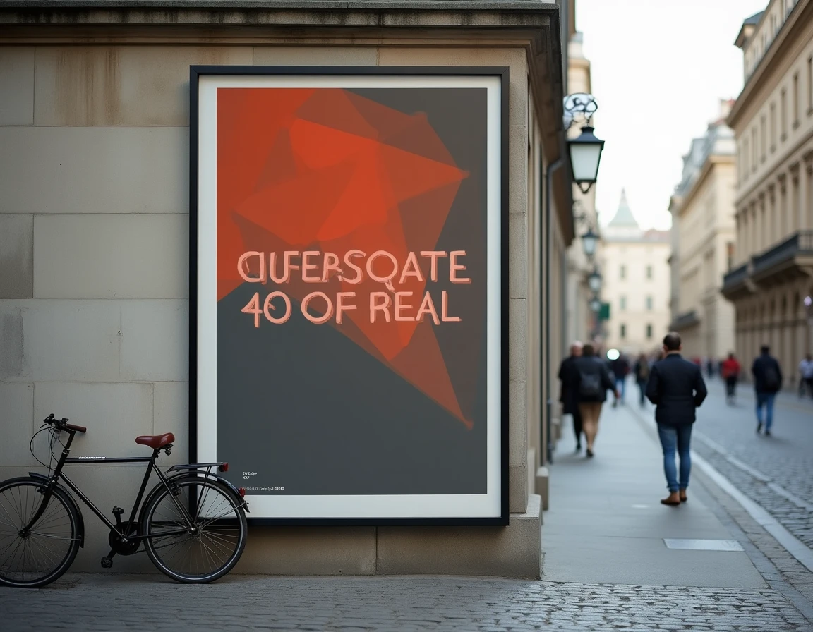 Affiche grand format en typographie géométrique collée sur un mur urbain en pierre dans une rue européenne
