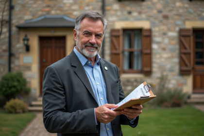 Agent immobilier vérifiant des estimations devant une maison ancienne