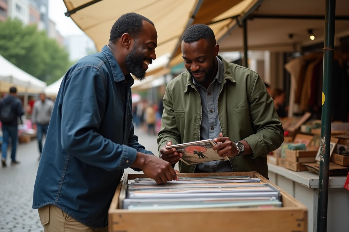 Deux hommes afro-américains discutant de musique soul devant un bac de vinyles dans un marché aux puces en plein air