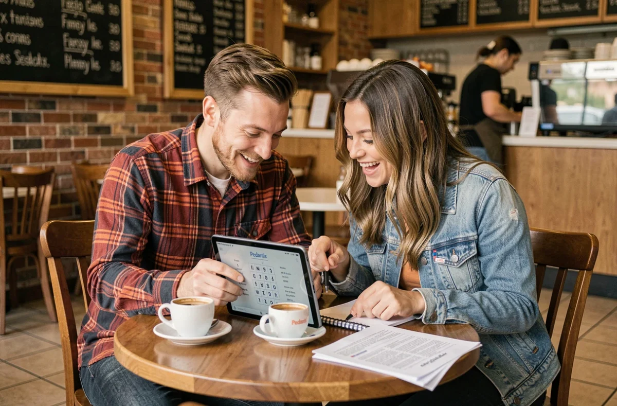 Deux amis jouant à Pedantix dans un café en utilisant Wikipédia sur une tablette, entourés de notes stratégiques et de tasses à café