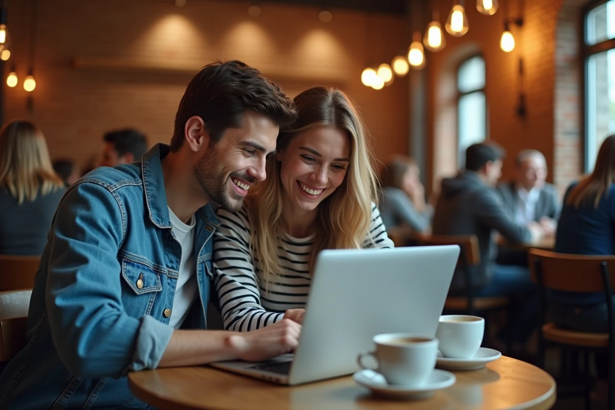 Deux amis découvrant ensemble comment suivre des subreddits sur Scrolller dans un café urbain