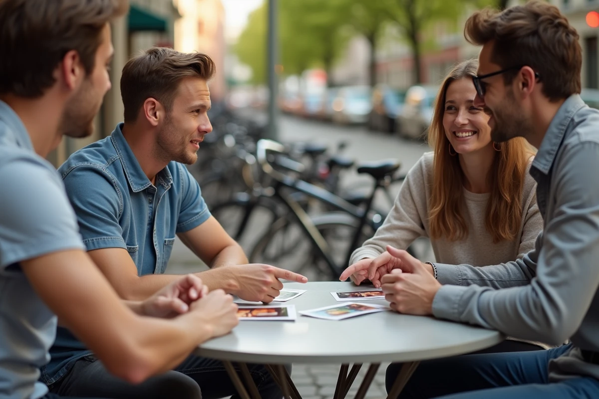 Trois amis discutent autour d une table en extérieur