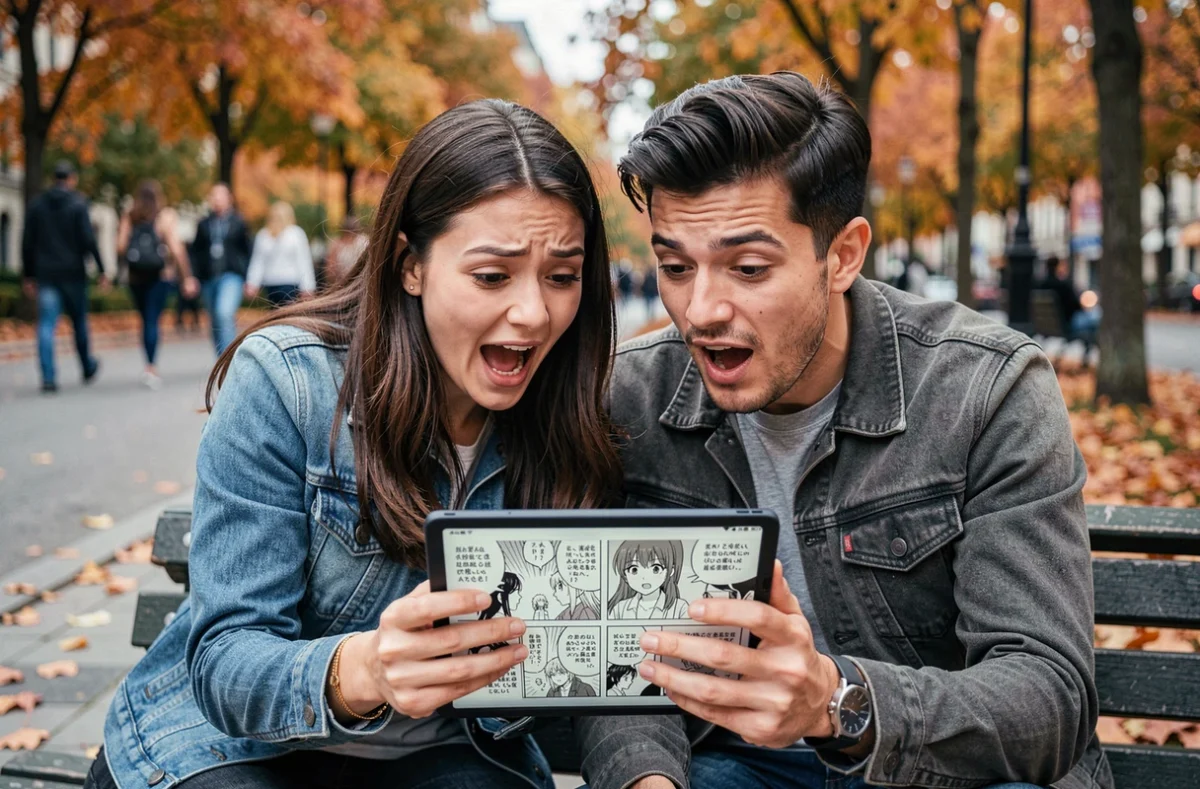 Deux amis lisant un manga en version française sur une tablette dans un parc en automne