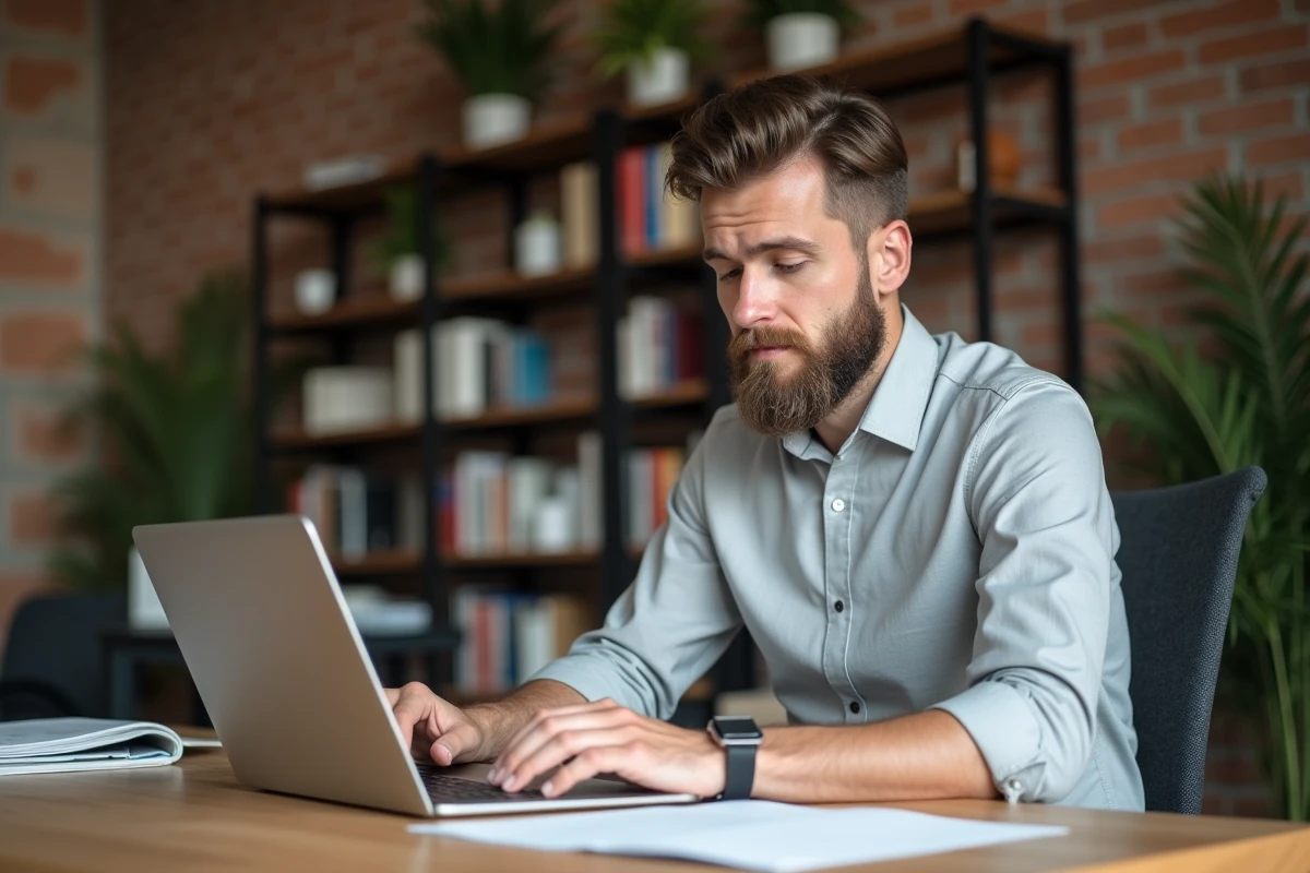 Homme au bureau consultant un glossaire anglais professionnel sur son ordinateur portable dans un espace de coworking
