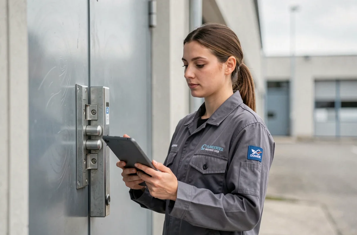 Technicienne Artidep inspectant un système de verrouillage multipoints sur une porte commerciale