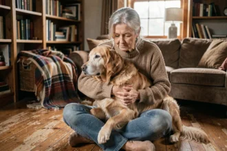 Femme âgée tenant son vieux golden retriever dans ses bras dans un salon chaleureux, illustrant l'assurance chien pour chiens seniors