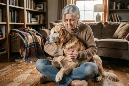Femme âgée tenant son vieux golden retriever dans ses bras dans un salon chaleureux, illustrant l'assurance chien pour chiens seniors
