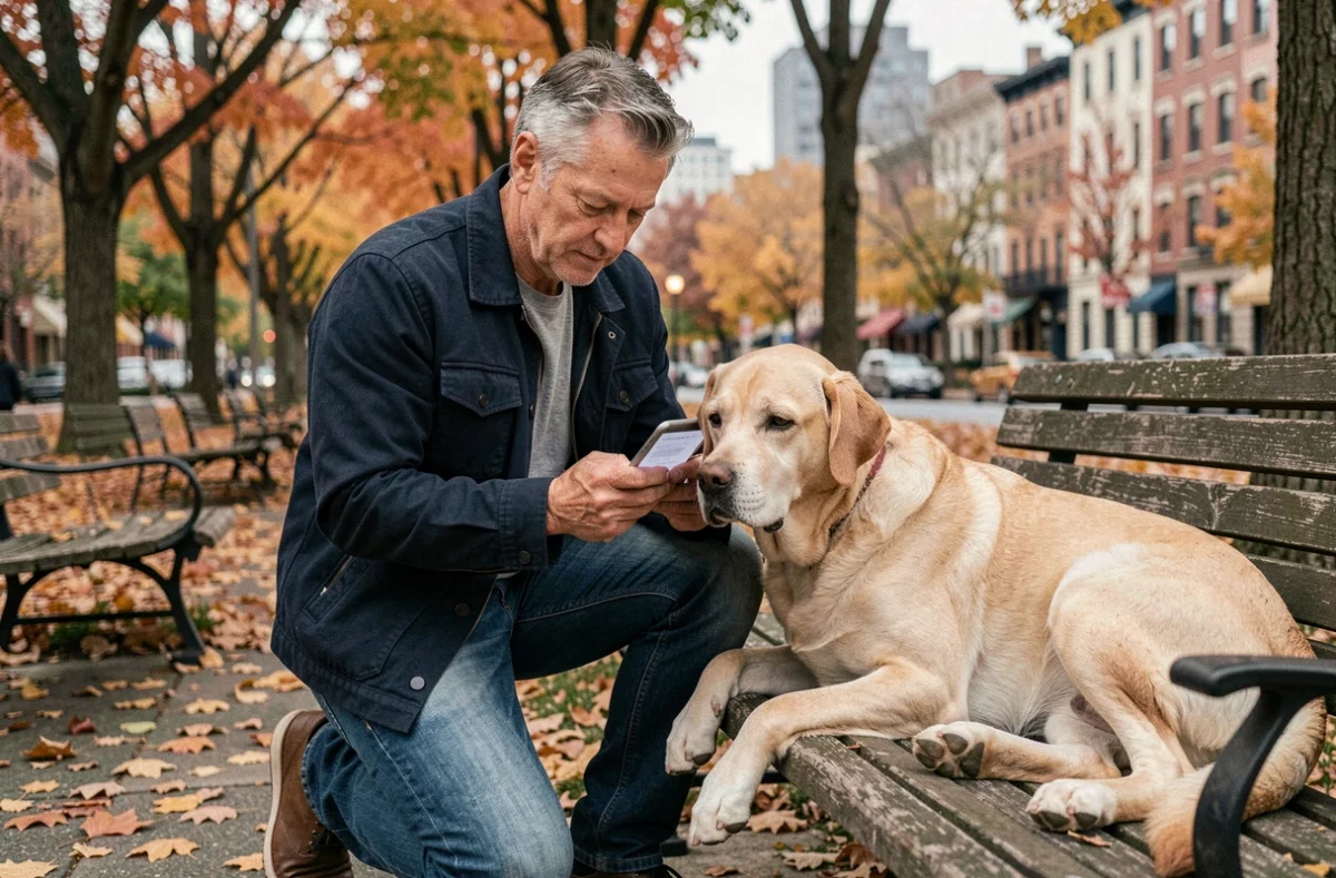 Homme d'âge mûr consultant une tablette à côté de son vieux labrador dans un parc en automne, symbolisant la recherche d'une assurance chien sans limite d'âge