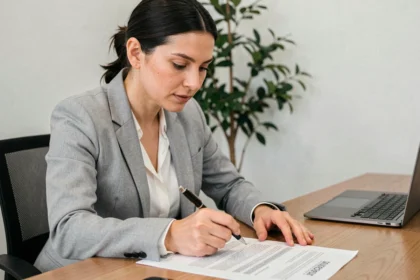 Femme conseillère financière expliquant les clauses d'un contrat de prêt à la consommation dans une agence bancaire moderne