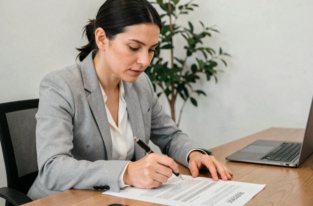 Femme conseillère financière expliquant les clauses d'un contrat de prêt à la consommation dans une agence bancaire moderne