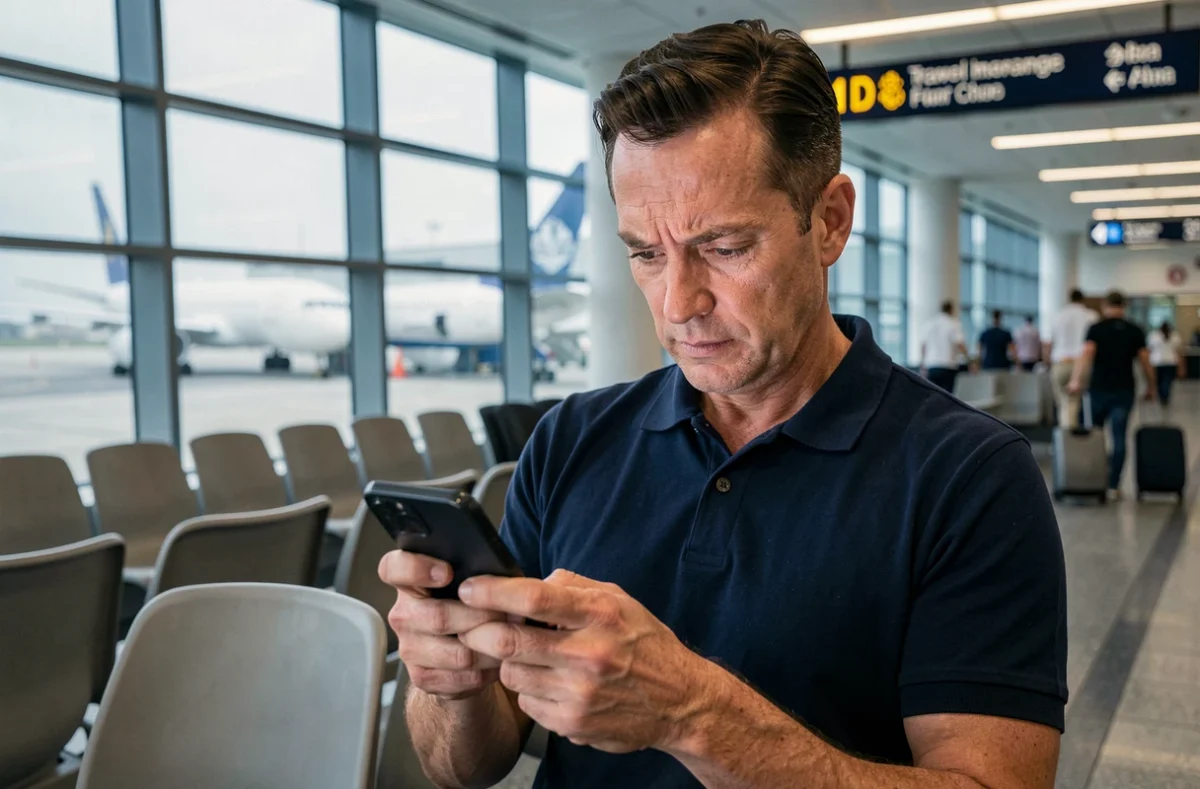Homme utilisant son smartphone pour souscrire une assurance voyage en ligne dans un salon d'aéroport avant son départ