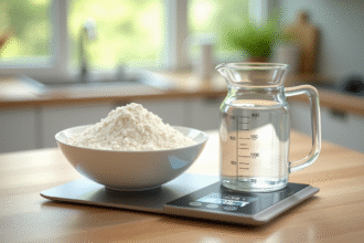 Table de cuisine avec balance digitale pesant 300g de farine blanche