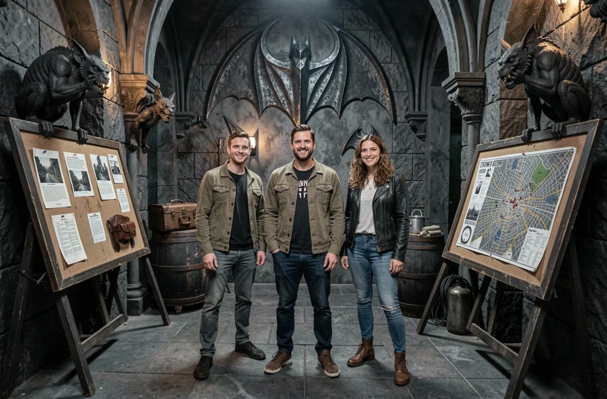 Groupe plongé dans l'univers sombre de Gotham dans l'escape room Batman Escape à Paris