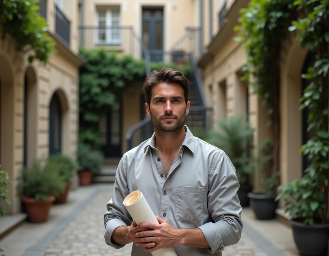 Homme tenant des plans artistiques dans une cour parisienne historique, symbolisant les projets culturels et l'ancrage artistique