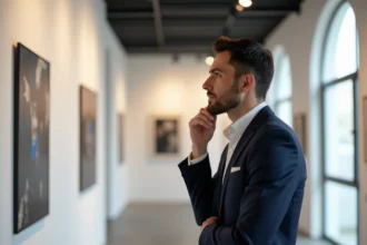 Homme dans une galerie d'art contemporaine observant une œuvre abstraite, illustrant l'influence artistique de Benoît Petitjean