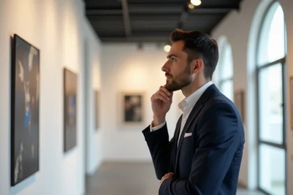 Homme dans une galerie d'art contemporaine observant une œuvre abstraite, illustrant l'influence artistique de Benoît Petitjean