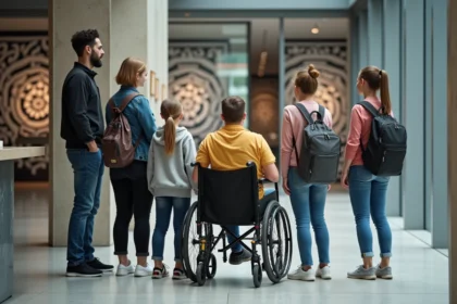Groupe de visiteurs dont une personne en fauteuil roulant à la billetterie de l'exposition Escher à Toulouse