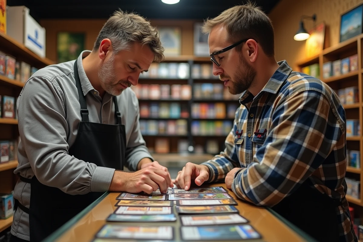 Vendeur de boutique spécialisée conseillant un client sur la valeur de cartes Magic: The Gathering au comptoir d'un magasin de jeux