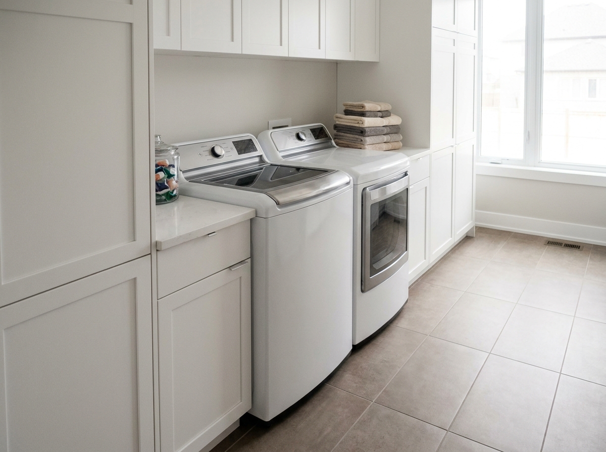 Buanderie équipée avec machine à laver et sèche-linge intégrés dans un meuble blanc moderne