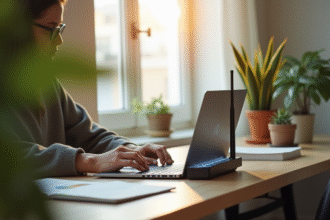 Bureau moderne avec ordinateur et routeur WiFi haut débit
