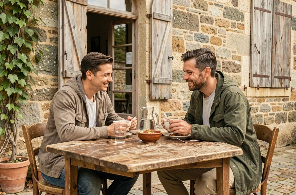 Couple attablé en terrasse d'un café traditionnel en pierre à Saint-Goussaud partageant un repas local