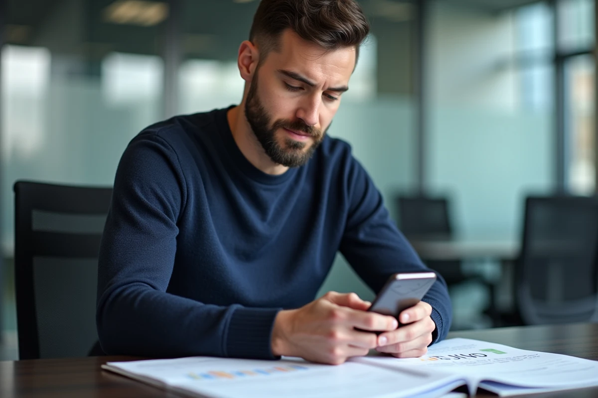 Homme calculant un délai entre deux dates sur smartphone avec des documents administratifs