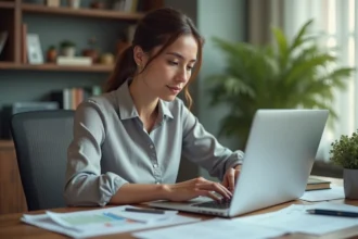 Femme utilisant une calculatrice entre deux dates sur ordinateur pour ses démarches administratives