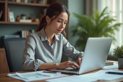 Femme utilisant une calculatrice entre deux dates sur ordinateur pour ses démarches administratives
