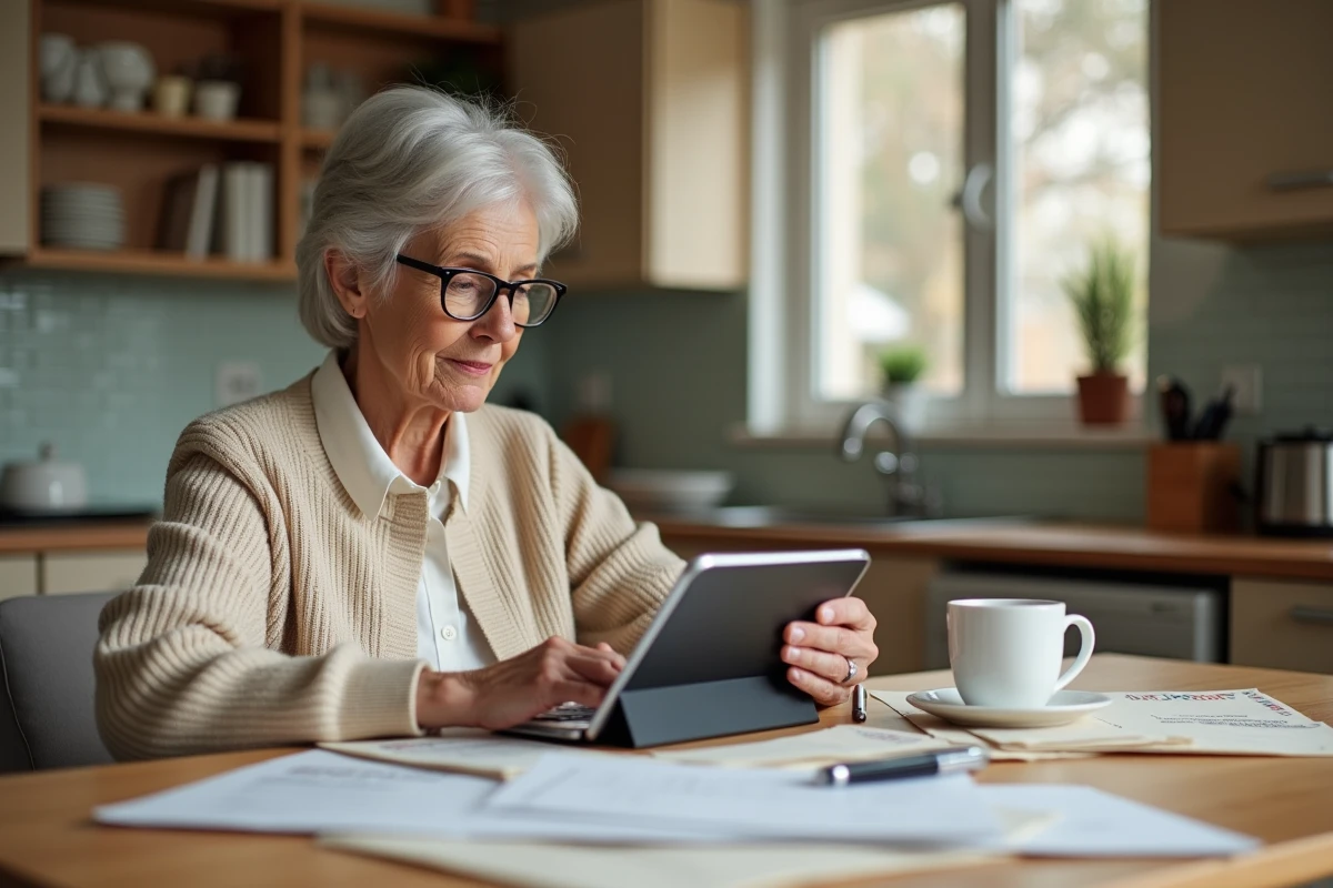 Femme senior calculant une durée entre deux dates sur tablette pour gérer ses papiers administratifs