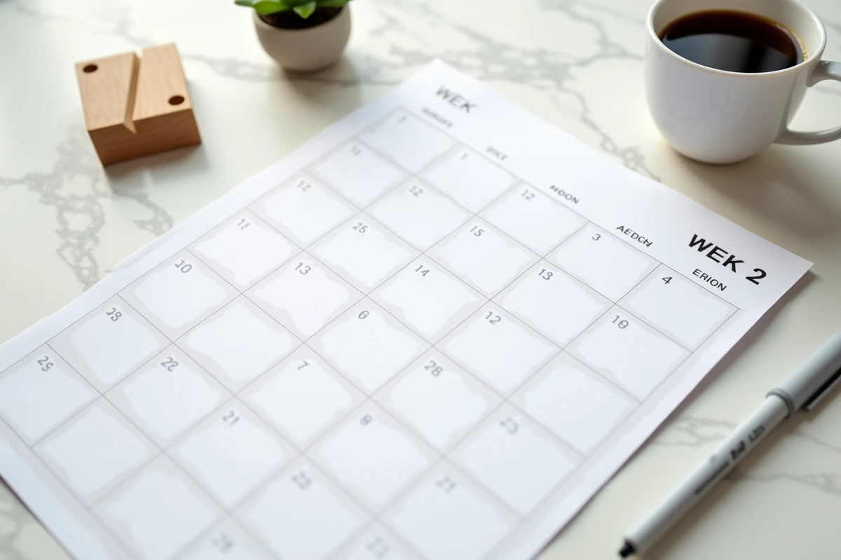 Calendrier semaine paire impaire format A4 posé à plat sur un bureau en marbre avec une tasse de café