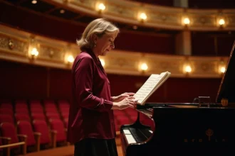 Cantatrice célèbre en robe de soirée étudiant une partition sur scène dans un opéra classique européen