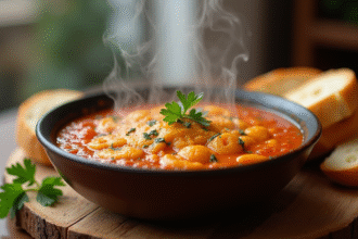 Bol de carbonade flamande fumante sur table rustique