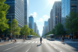 Intersection urbaine moderne en plein jour avec piétons et transports