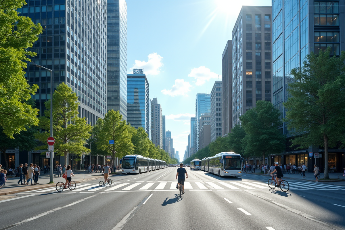 Intersection urbaine moderne en plein jour avec piétons et transports