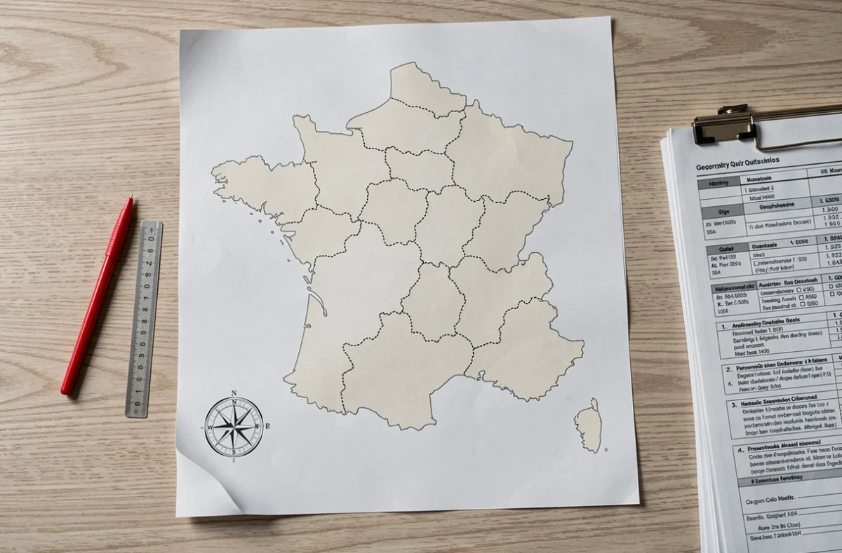 Carte de France vierge imprimée en A4 posée sur un bureau avec stylo rouge et feuilles de contrôle de géographie