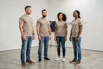 Groupe de figurants adultes aux profils variés posant lors d'un casting professionnel en studio