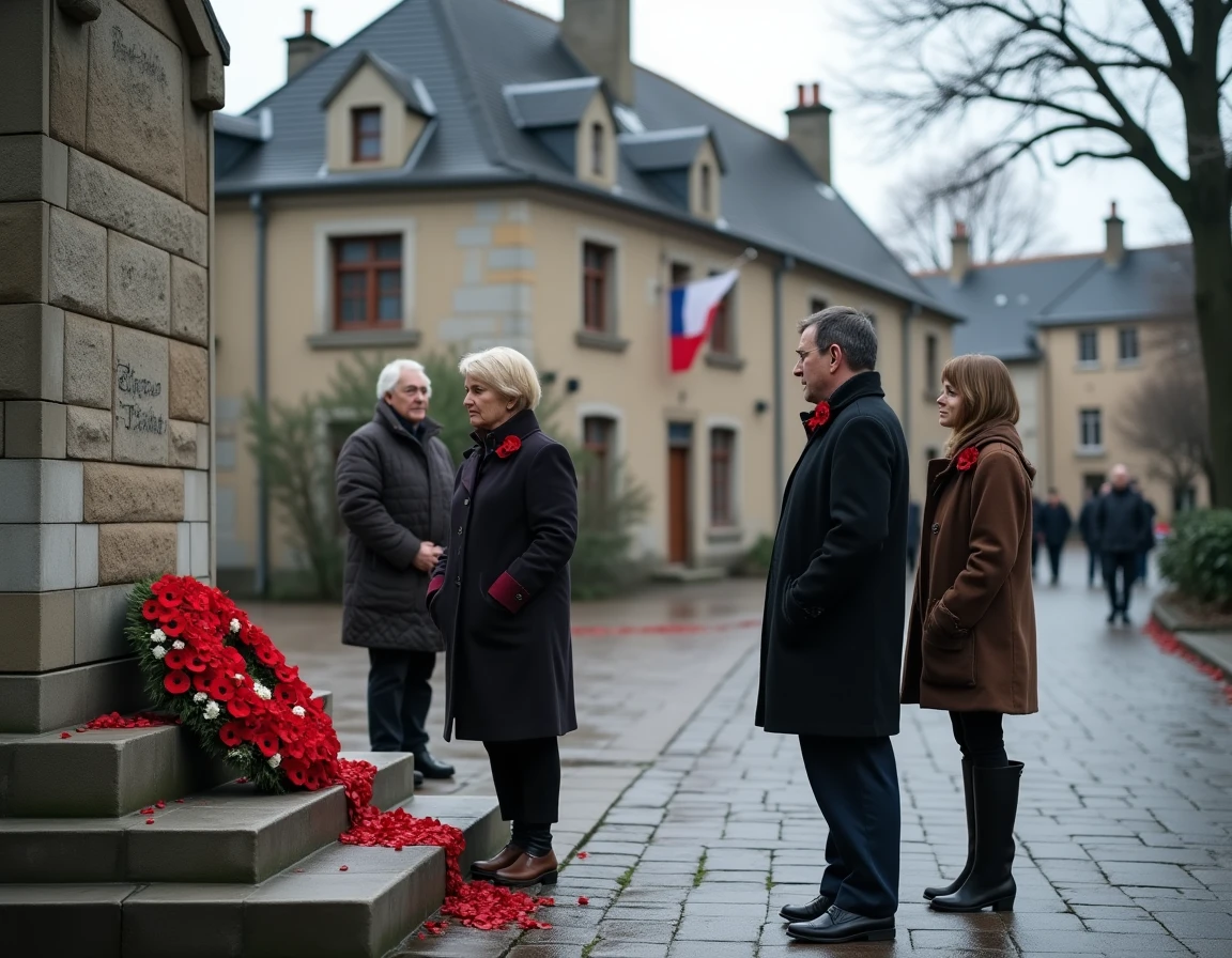 Famille réunie devant un monument aux morts lors de la cérémonie du 11 novembre avec des coquelicots rouges