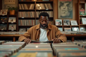 Homme afro-américain feuilletant des vinyles soul dans un magasin de disques indépendant, entouré de pochettes d'albums vintage