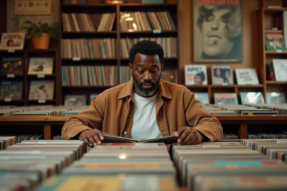 Homme afro-américain feuilletant des vinyles soul dans un magasin de disques indépendant, entouré de pochettes d'albums vintage