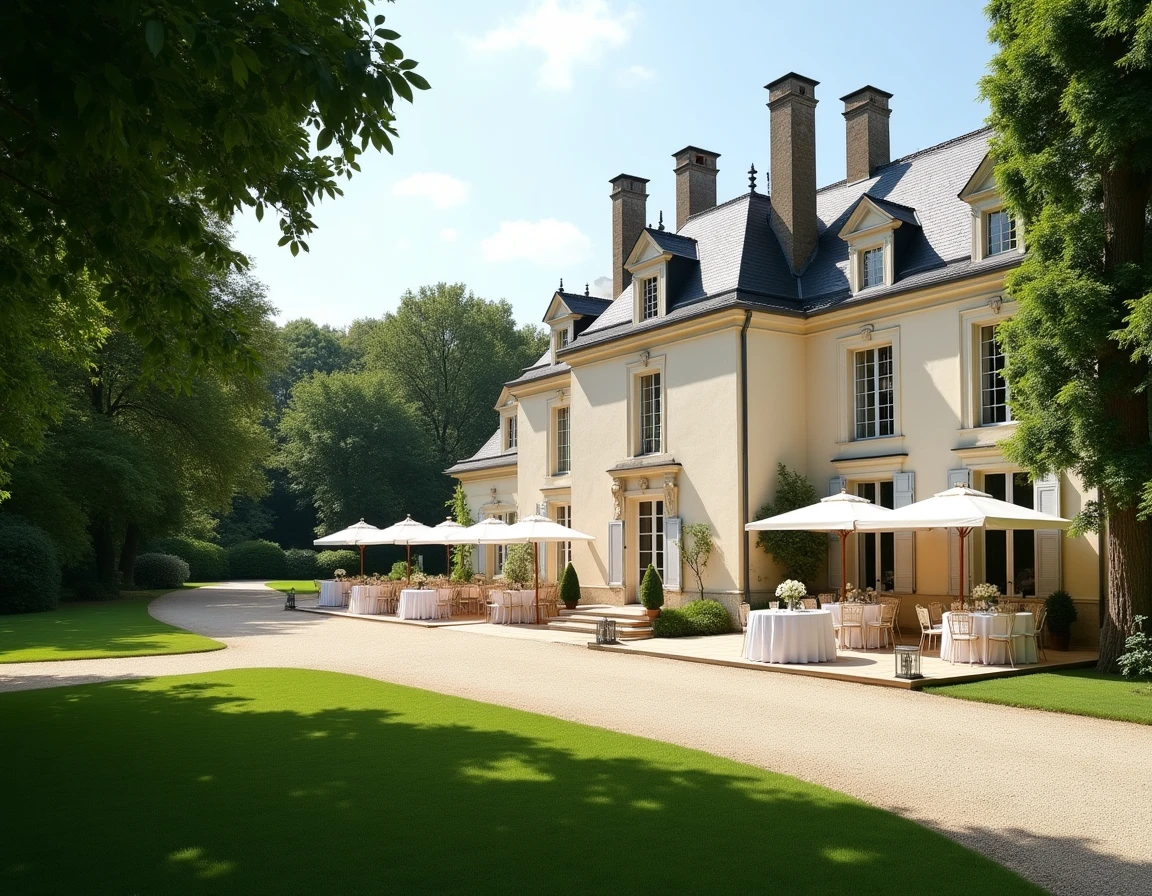 Château de Montalègre en Haute-Garonne avec allée de platanes et terrasse de réception dressée en plein air