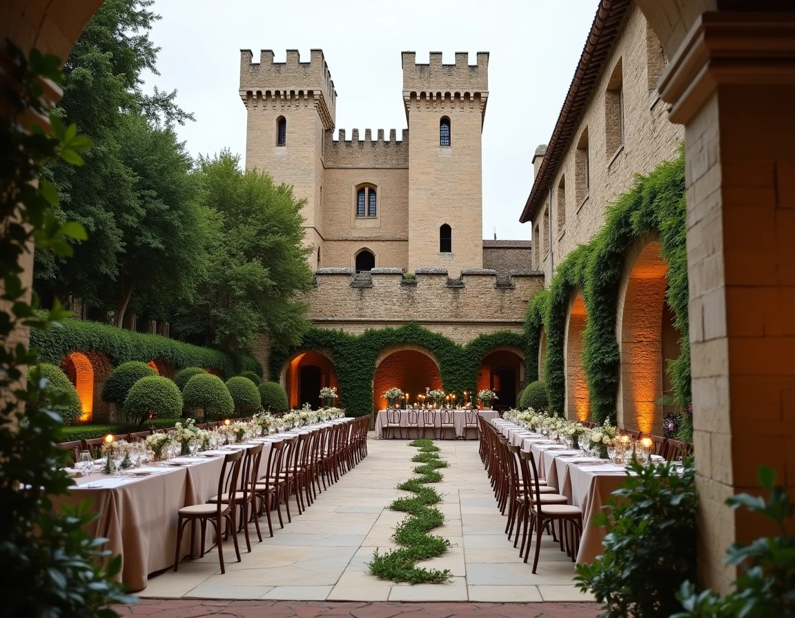 Château Guilhem près de Carcassonne avec jardin de réception et architecture en pierre médiévale en arrière-plan
