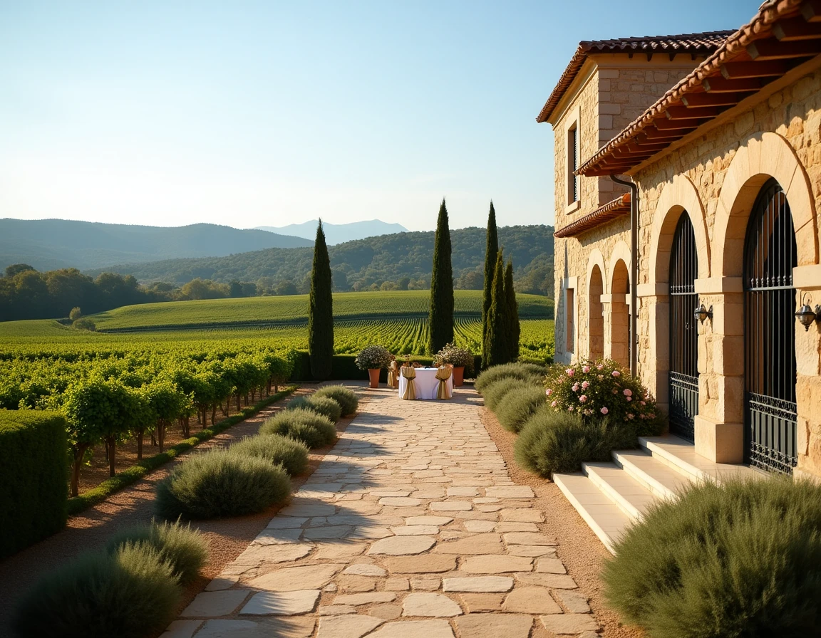 Château Nadal Hainaut près de Perpignan avec son domaine viticole et terrasse de réception entourée de vignes