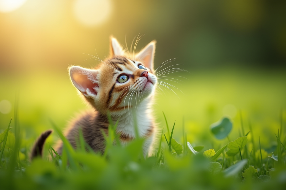Chaton tricolore curieux regardant en haut dans le jardin