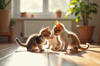 Trois chatons tricolores jouant sur le sol en bois
