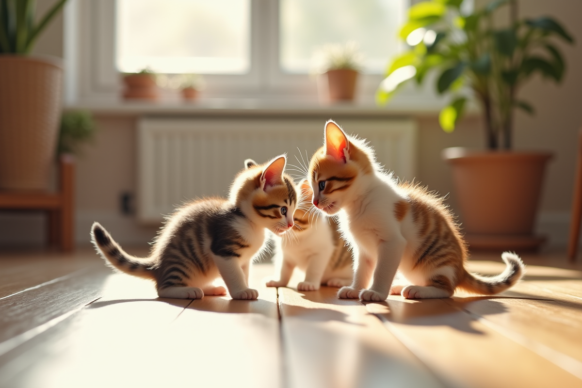 Trois chatons tricolores jouant sur le sol en bois