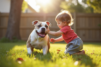 American Bulldog et enfant jouant dans le jardin ensoleille